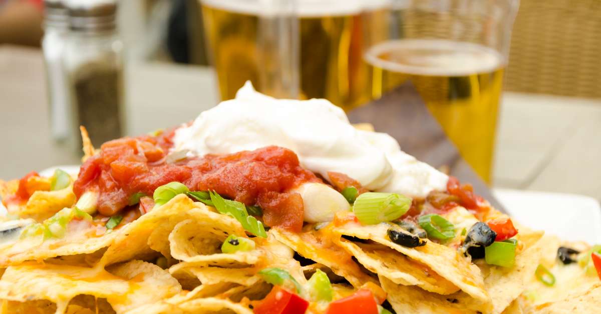 appetizer or snack for drinking beer in patio made of nachos