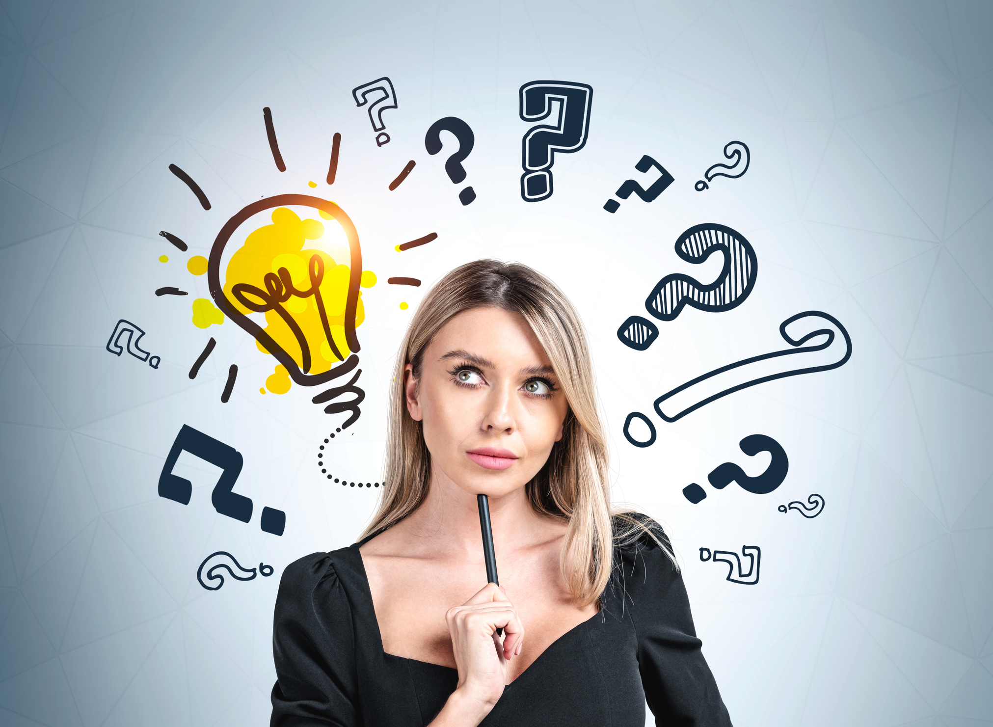 light bulb question marks woman