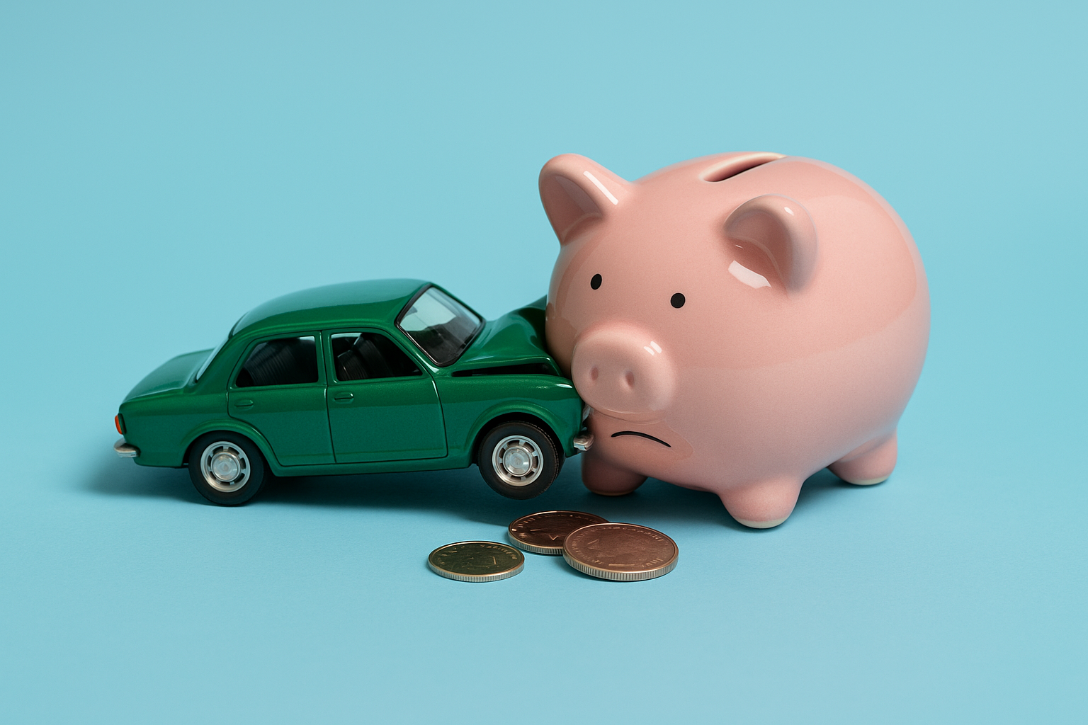 toy green car smashed into a pink piggy bank with coins spilled out ligh eKBGoU1