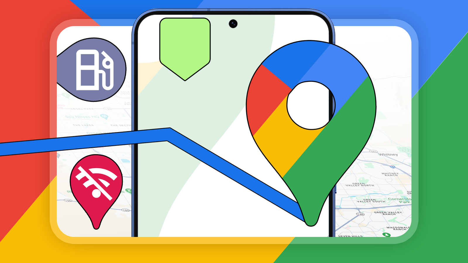 illustration of the google maps logo over a smartphone screen with a navigation route set against a colorful background