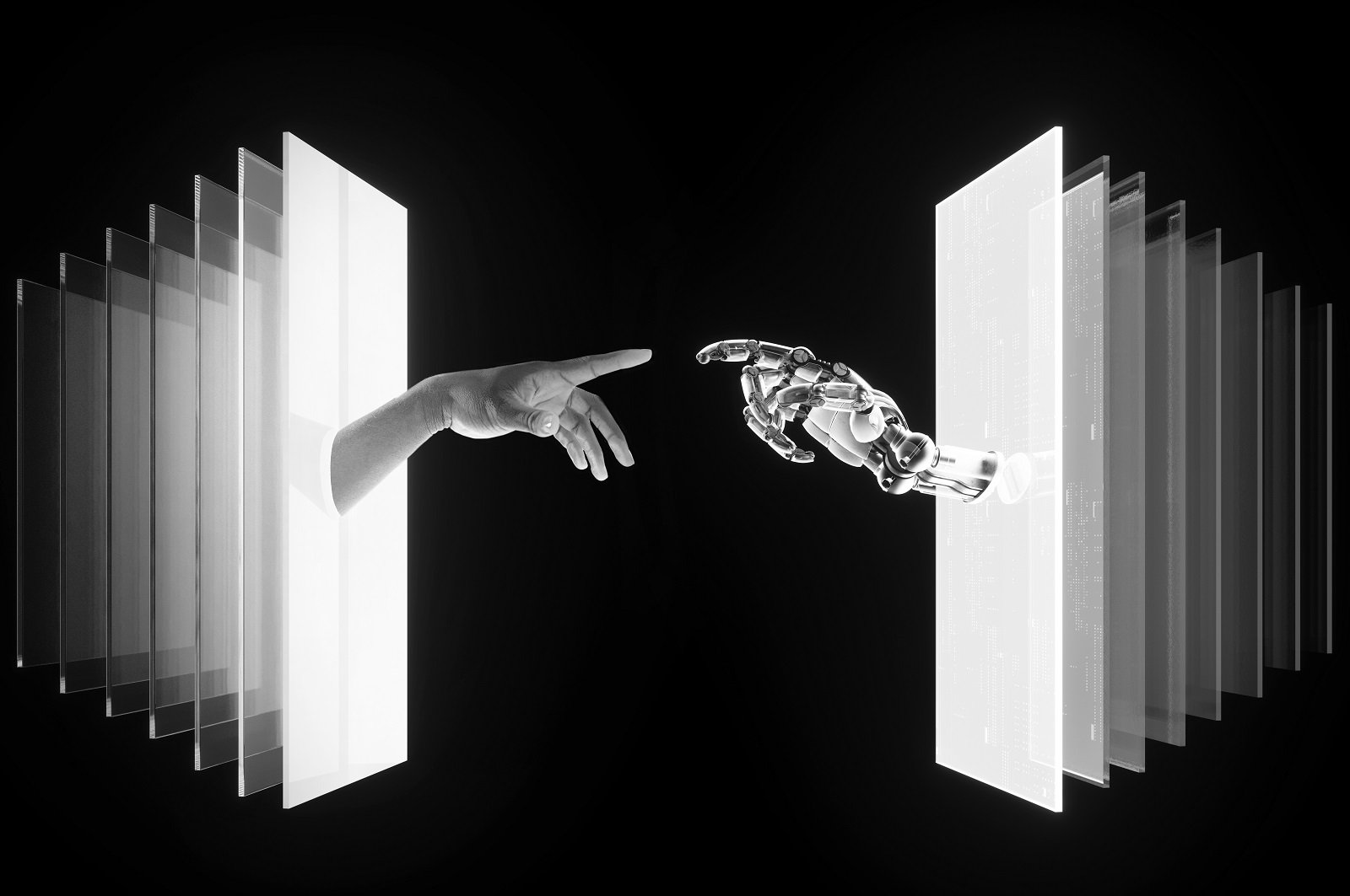 robot and human hands reaching out gettyimages 1500238079