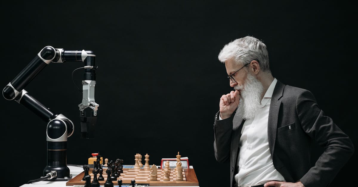 an elderly scientist contemplates a chess move against a robotic arm on a chessboard