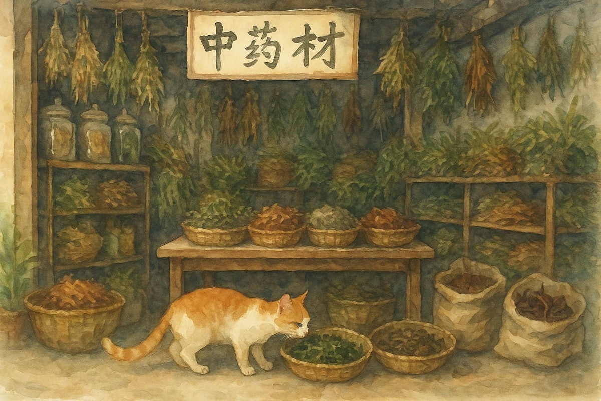 With education in US, Chinese traditional medicine provides novel functional pet food ingredients - PetfoodIndustry 1 watecolor painting of a traditional chinese medicine shop a cat is sniffing at some of the hebs for sale in the