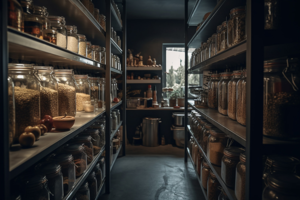 food supplies on shelves in a room 1