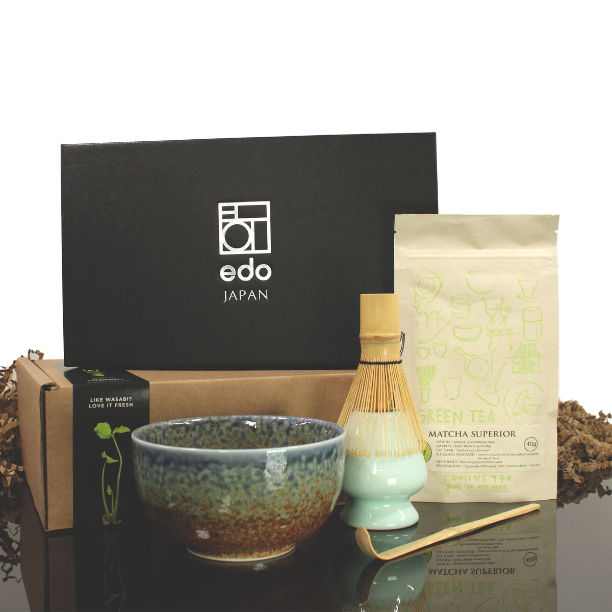 matcha tea gift set with tea blue