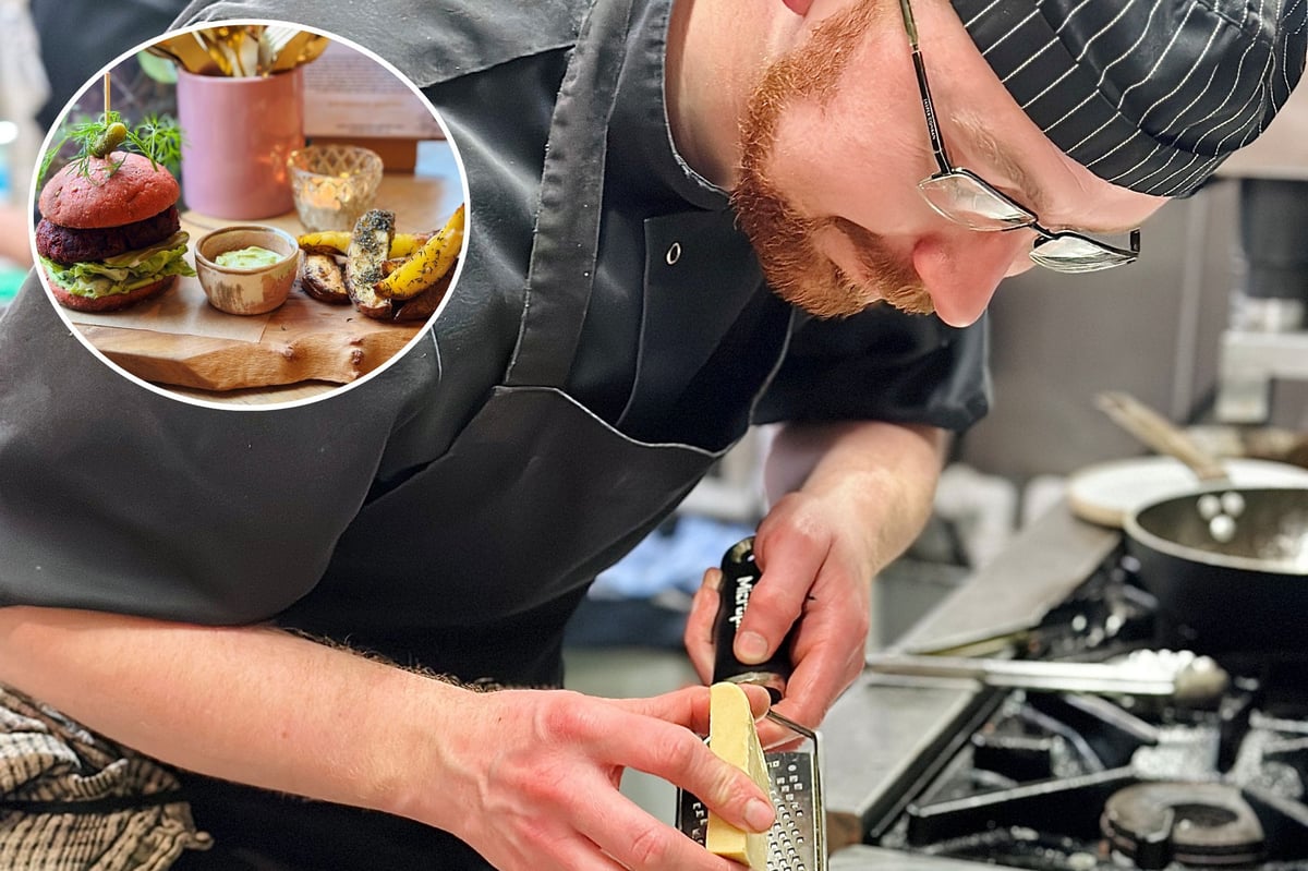 Head Chef Kyle Shimmin pictured with the Beetroot Burger Inset