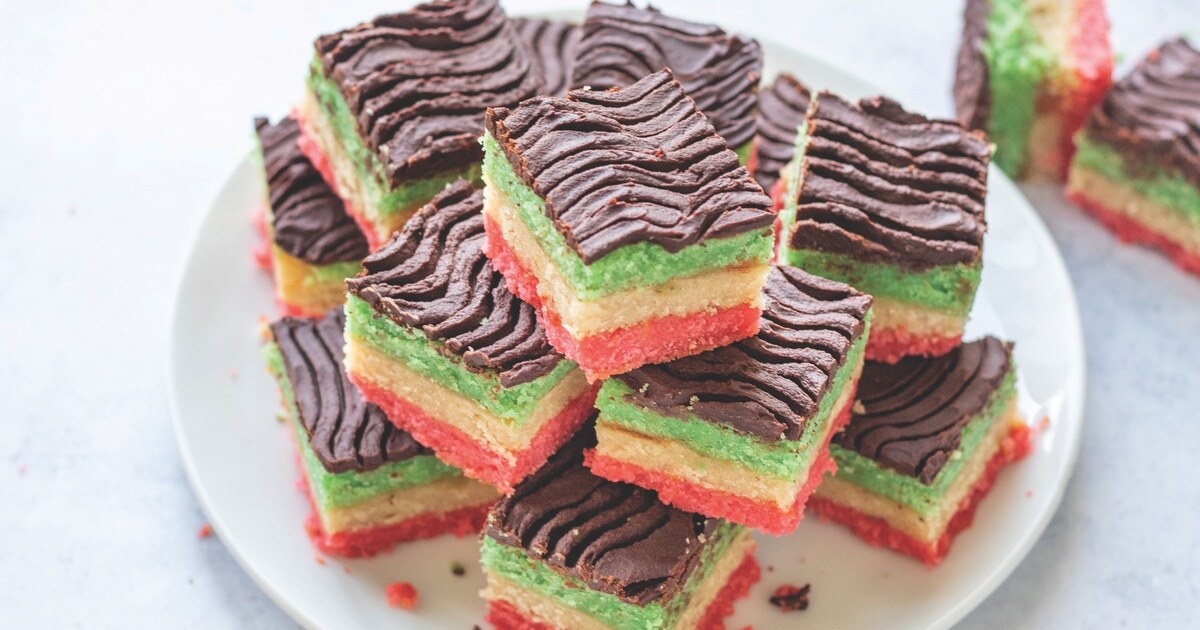 Vegan Italian Rainbow Cookies With Chocolate Ganache 1 VegNews.RainbowCookies