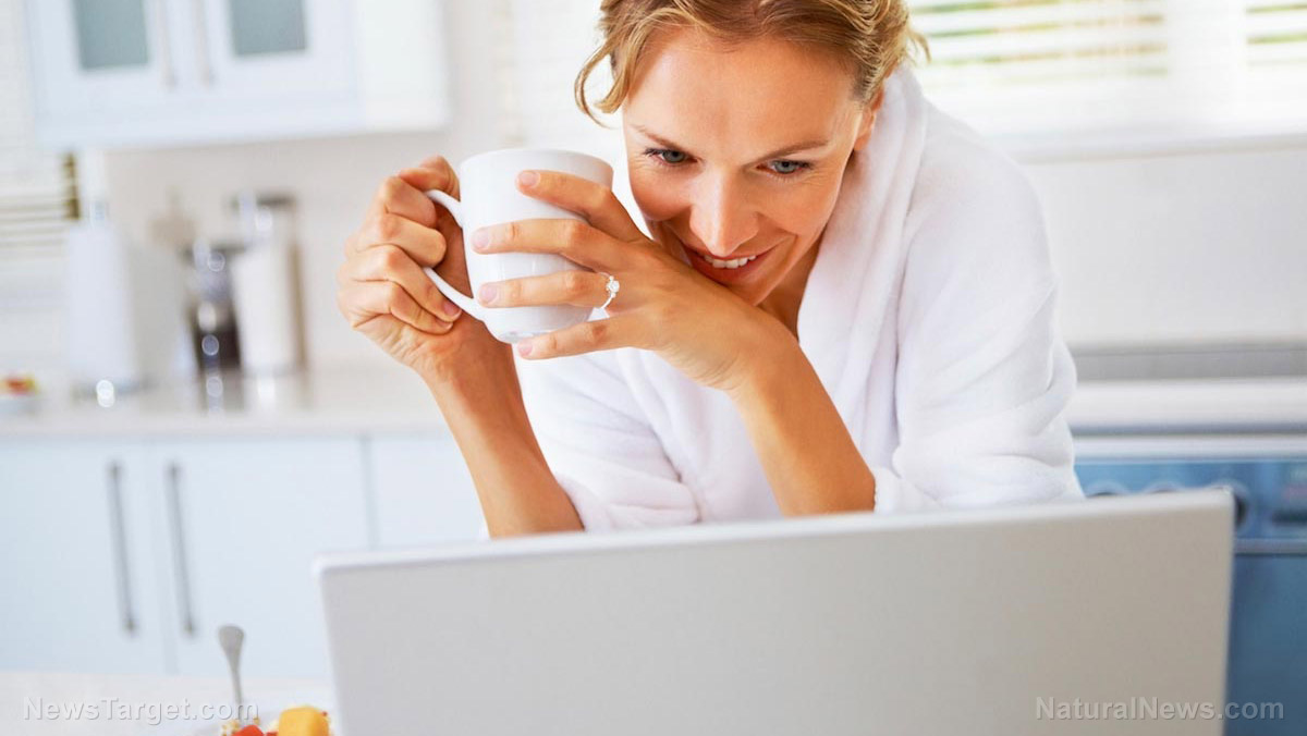 Woman Reading Computer Laptop Coffee Mug Tea Water