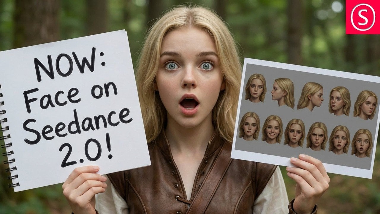 a split screen showing a standard ai video face next to a realistic human face generated in seedance 2 0