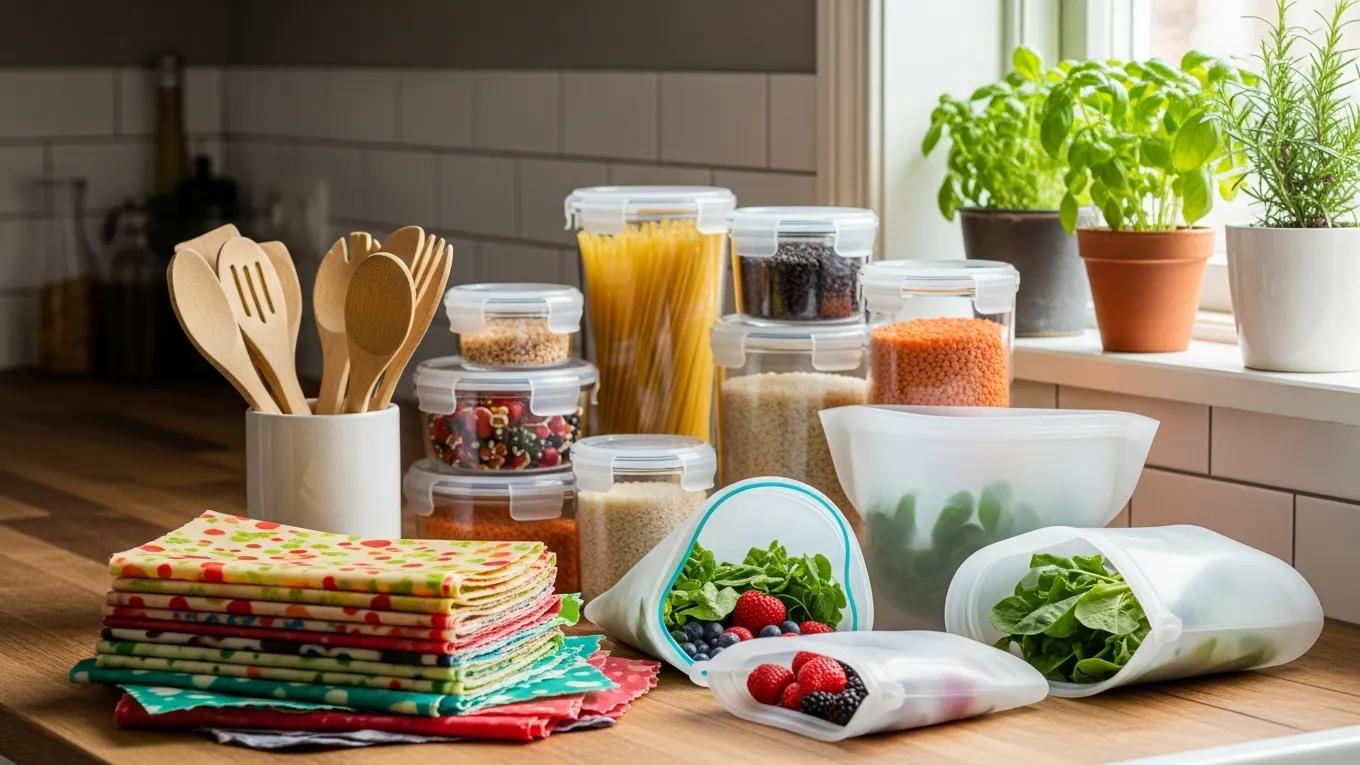 zero waste kitchen essentials including beeswax wraps bamboo utensils and glass containers in a cozy kitchen setting 22393830 c574 48d4 a5eb 81e6aca99db0