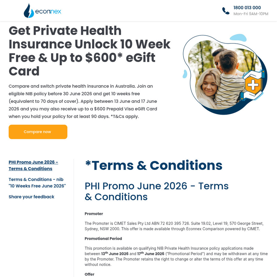Get Up To $600 Gift Card for NIB Health Insurance + 10 Weeks Free Cover (Hospital & Extras $600 Family or $300 Single) @ Econnex 1