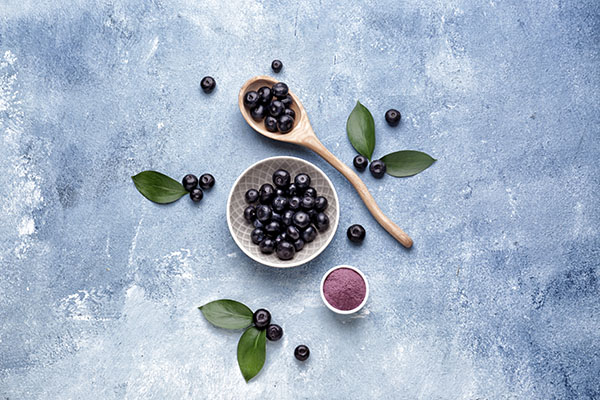 Acai berries with powder on color background 1