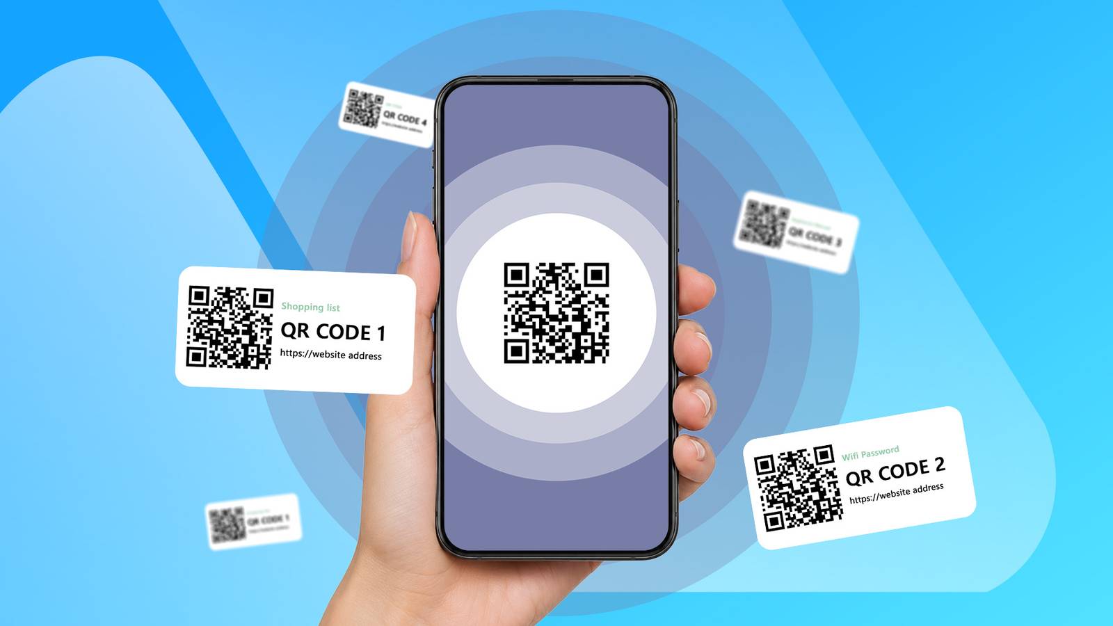 hand holding a phone scanning a qr code with qr code cards around it